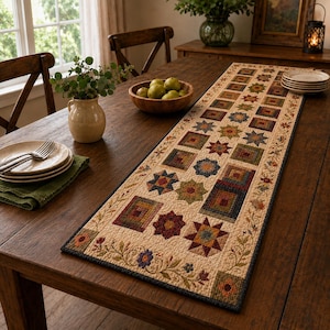 Può includere: Un runner da tavola rettangolare in tessuto con un design patchwork di varie forme geometriche, stelle e quadrati in tonalità terra tenui, bordato da un tessuto color crema con un delicato motivo a tralci floreali e un bordo blu scuro.