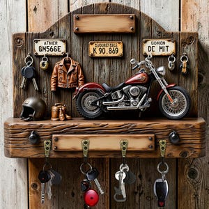 May include: A rustic wooden wall-mounted key holder featuring a miniature red motorcycle, a brown leather jacket, a helmet, and boots. It includes three small metal license plates with text, four lower hooks holding various keys, and two upper key rings.
