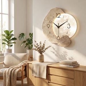 Relógio de parede moderno e silencioso em madeira com design de lua, relógio de quartzo minimalista para decoração de sala de estar, quarto e escritório.
