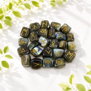Può includere: Una collezione di pietre di labradorite grigio scuro levigate disposte in un gruppo circolare. Ogni pietra presenta un riflesso iridescente blu e oro unico ed è incisa con un simbolo runico dorato sulla superficie liscia e arrotondata.