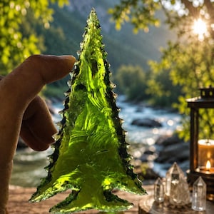May include: A translucent, vibrant green glass object shaped like a pine tree with jagged, serrated edges. The surface features a rippled, organic texture that catches the light, creating deep emerald and lime green highlights throughout the piece.