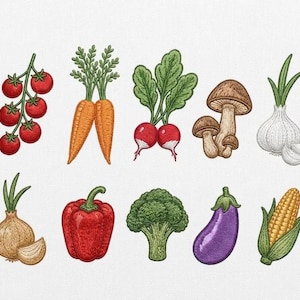 May include: A collection of embroidered vegetable designs including a vine of red cherry tomatoes, two orange carrots, two red radishes with green leaves, brown mushrooms, a white garlic bulb, a yellow onion, a red bell pepper, broccoli, an eggplant, and corn.