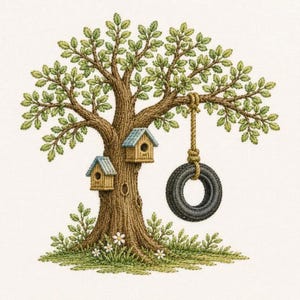 May include: An embroidery design of a large tree with a brown textured trunk and green leaves. Two small wooden birdhouses with blue roofs are attached to the trunk. A black tire swing hangs from a thick rope on a branch, with small white flowers.