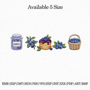 Puede incluir: Un conjunto de diseños de bordado que incluye un frasco con la etiqueta blueberry, una rama de arándanos, un pastel pequeño con arándanos, un racimo de arándanos con hojas y una cesta de arándanos. El texto dice Available 5 Size y formatos.