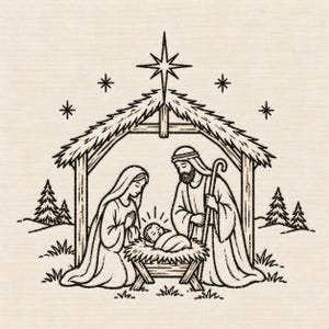 May include: A black and white line art illustration of a nativity scene featuring a central stable structure with a large star above. Two figures kneel beside a manger containing a swaddled infant, with stylized pine trees in the background.