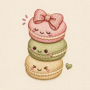 Diseño de bordado de macarons en tonos pastel, pila de postres franceses kawaii con lazo rosa (archivo de bordado a máquina)