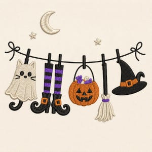 May include: An embroidery design featuring a clothesline with a ghost cat, purple and black striped stockings with boots, a jack-o'-lantern candy bucket, a broom, and a witch hat, accented by a crescent moon and two stars above the line.