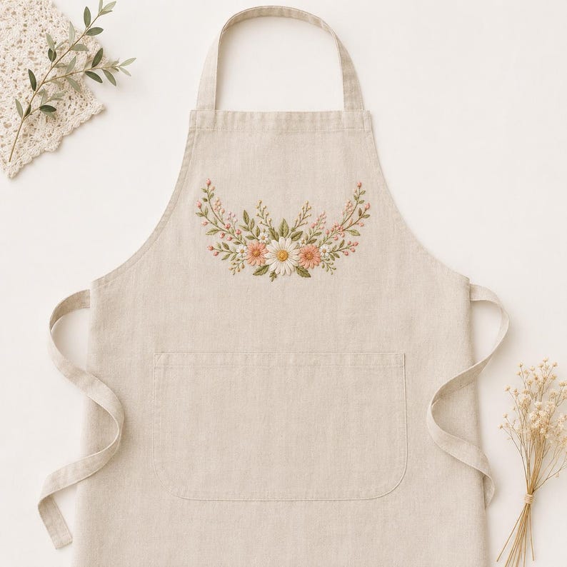 Floral Garland Border Embroidery Design, Daisy Flower Swag with Leaves, Spring Botanical Embroidery File image 6