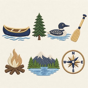 May include: An embroidery design set featuring a blue canoe on water, a green pine tree, a black and white loon on water, a wooden paddle, a campfire with brown logs, a mountain range with a lake, and a circular compass with N, S, E, W letters.