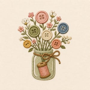May include: An embroidery design featuring a light green mason jar tied with a brown string and a pink spool of thread. The jar holds a bouquet of embroidered flowers with various colored buttons as centers, including pink, green, blue, and yellow.