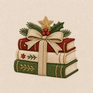 May include: An embroidered patch featuring a stack of three books in red, cream, and green. The books are tied with a beige ribbon topped with a gold star, green pine needles, and three red berries. The design includes small floral and leaf motifs.