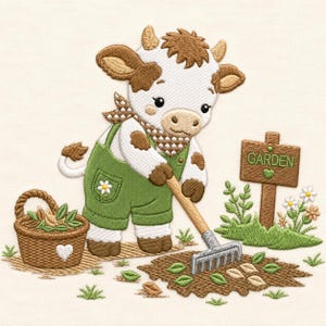 Puede incluir: Un diseño de bordado que muestra una vaca blanca y marrón con peto verde y pañuelo a cuadros marrones. La vaca sostiene un rastrillo de metal, limpiando hojas marrones. Incluye una cesta marrón y un letrero de madera con la palabra GARDEN.