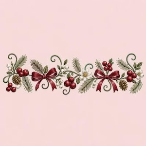 May include: A horizontal decorative border featuring a repeating pattern of dark red bows, clusters of bright red berries, white berries, green pine needles, small brown pinecones, and white flowers with yellow centers, all connected by dark green vines.