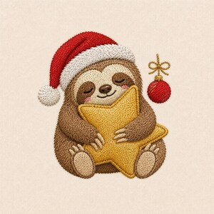 Disegno per ricamo a macchina con bradipo natalizio e stella, file per ricamo con bradipo addormentato e cappello di Babbo Natale, accogliente disegno di animale per le feste.