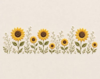 Sunflower Border Embroidery Design, Yellow Floral Meadow with Baby’s Breath Machine Embroidery File