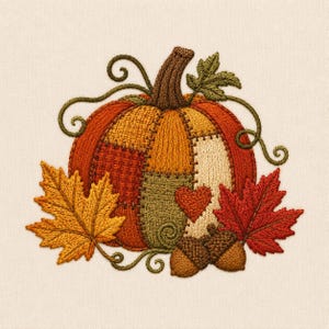 May include: An embroidery design featuring a patchwork-style pumpkin in shades of orange, yellow, and green, accented with a small red heart, two brown acorns, and two maple leaves in yellow and red, all surrounded by green swirling vines.