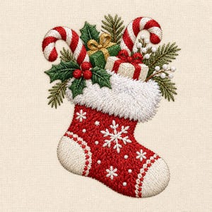 May include: An embroidered Christmas stocking in red and white featuring snowflake patterns, filled with two candy canes, green holly leaves with red berries, pine branches, and two small gift boxes wrapped in green and white paper.