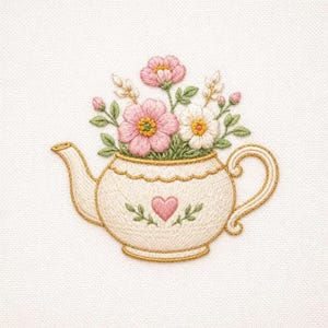 Könnte beinhalten: Eine Stickerei auf weißem Stoff, die eine cremefarbene Teekanne mit goldfarbenem Rand und Henkel zeigt. Die Teekanne ist mit einem kleinen rosa Herz und grünen Blättern verziert und mit einem Strauß aus rosa und weißen Blumen gefüllt.