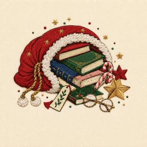 May include: An embroidered design featuring a red Santa hat filled with a stack of books in green, blue, and pink. The scene includes a candy cane, a gift tag with a green leaf motif, gold stars, a red star, and round wire-rimmed glasses.