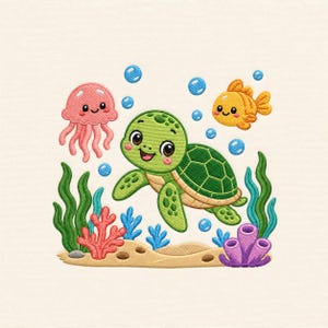 May include: An embroidery design featuring a green sea turtle swimming in the centre, surrounded by a pink jellyfish, a yellow fish, blue bubbles, green seaweed, red coral, and purple tube sponges on a sandy ocean floor background.