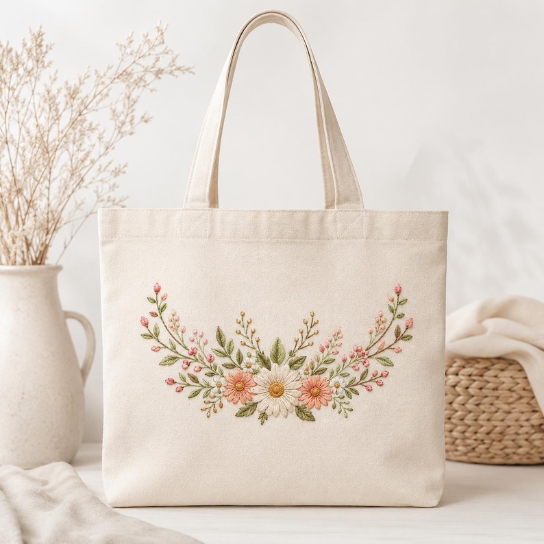 May include: A cream-colored canvas tote bag featuring a central embroidered floral arrangement. The design displays a symmetrical garland of green leaves, small pink buds, and a cluster of white and peach-colored daisy-like flowers.