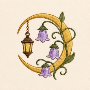 Vintage borduurpatroon van een halve maan in de vorm van een lantaarn, botanisch machinaal borduren van een klokbloem, digitaal bloemenpatroon in cottagecore-stijl, hemels motief