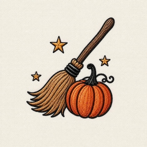 May include: An embroidered patch featuring a brown broomstick with golden bristles, a round orange pumpkin with a black stem, and three small golden stars arranged around the objects, all outlined in black thread on a cream fabric background.