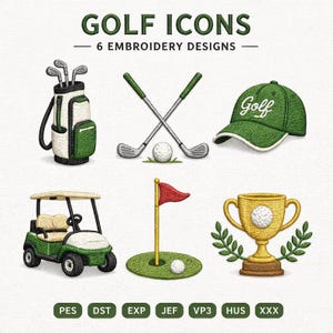 Set of 6 golf-themed embroidery patterns, featuring golfer symbols, machine embroidery files.