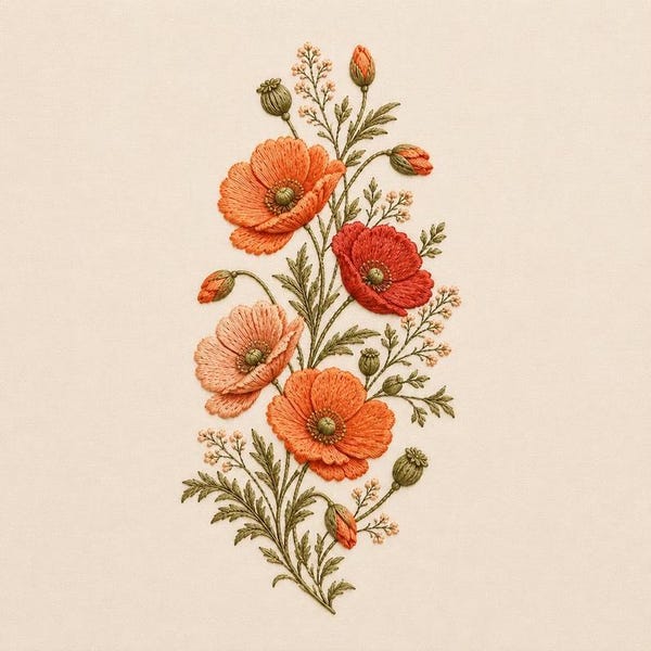 Poppy Flower Embroidery Design, Orange Wildflower Botanical Spray, Floral Machine Embroidery File