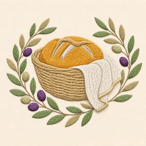 May include: An embroidery design featuring a golden-brown loaf of bread in a woven basket, draped with a white cloth. The basket is surrounded by a circular wreath of green olive leaves, light green olives, and dark purple olives on thin stems.