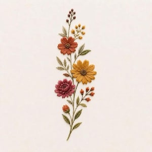 Puede incluir: Un diseño de bordado que presenta una disposición vertical de flores y follaje. La composición incluye una flor de color óxido, una flor amarilla similar a una margarita, un crisantemo magenta intenso y pequeños capullos en tonos naranja y marrón.
