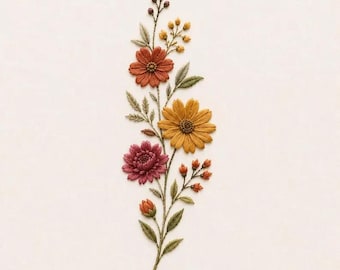 Autumn Wildflower Machine Embroidery Design, Rustic Floral Stem, Fall Botanical Digital Download