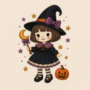 May include: An embroidered patch featuring a cartoon character dressed as a witch in a black dress and hat with a purple bow. The character holds a gold crescent moon wand and stands next to an orange jack-o'-lantern, surrounded by small stars.