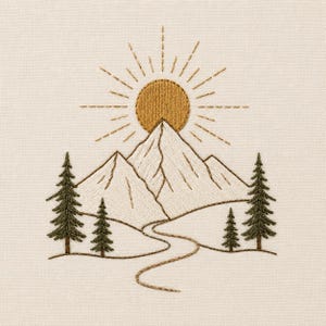 May include: An embroidery design on off-white fabric featuring a golden sun with radiating dashed lines above a mountain range. The scene includes four dark green pine trees of varying sizes and a winding path stitched in brown thread below.
