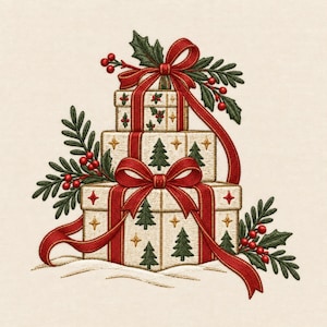 Christmas Gift Boxes Machine Embroidery Design, Stacked Presents with Red Bows Holly and Evergreen Sprigs, Digital Download