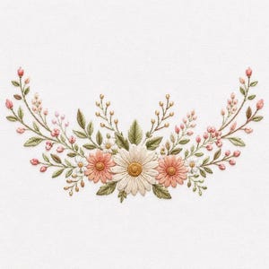 May include: An embroidery design featuring a central white daisy flanked by two smaller peach-colored flowers, surrounded by green leaves, small white blossoms, and delicate stems with tiny pink buds arranged in a symmetrical arch pattern.