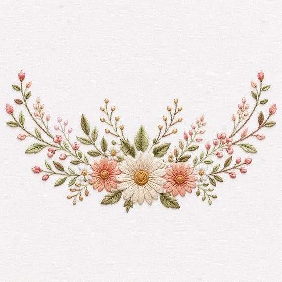 Floral Garland Border Embroidery Design, Daisy Flower Swag with Leaves, Spring Botanical Embroidery File