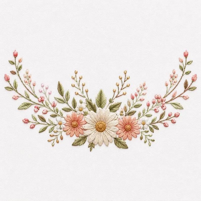 May include: An embroidery design featuring a central white daisy flanked by two smaller peach-colored flowers, surrounded by green leaves, small white blossoms, and delicate stems with tiny pink buds arranged in a symmetrical arch pattern.