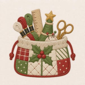 May include: An embroidered patch featuring a drawstring pouch with a red, green, and cream patchwork design, decorated with holly leaves and berries. The pouch contains embroidery floss, a ruler, a tree-shaped pincushion, and gold scissors.