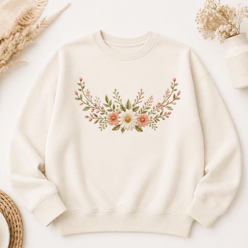 May include: A cream-colored crewneck sweatshirt featuring a central embroidered design of a floral garland. The embroidery displays a symmetrical arrangement of green leaves, small pink buds, and three prominent daisy-like flowers in white and peach.