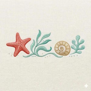 May include: An embroidery design on off-white fabric featuring a red starfish, a light green seaweed sprig, a tan spiral seashell, and a small light green coral-like plant, all arranged in a horizontal line across the center of the textile.