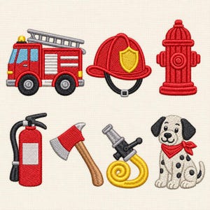 May include: An embroidery design set featuring a red fire engine, a red firefighter helmet with a yellow shield, a red fire hydrant, a red fire extinguisher, a red axe with a wooden handle, a yellow fire hose, and a white spotted dalmatian dog.