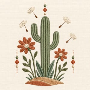 Puede incluir: Un diseño de bordado que presenta un cactus saguaro verde central flanqueado por dos flores naranjas con tallos y hojas verdes. Semillas de diente de león flotantes, acentos geométricos tipo cuentas y un montículo beige texturizado.
