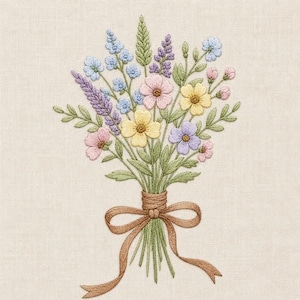 May include: A hand-stitched embroidery design on light beige fabric featuring a bouquet of flowers in shades of yellow, pink, light blue, and purple, accented with green leaves and stems, all tied together with a brown thread bow at the base.