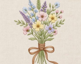 Wildflower Bouquet Embroidery Design, Rustic Floral Machine Embroidery File, Cottagecore Flower Bouquet Pattern,Botanical Embroidery Digital