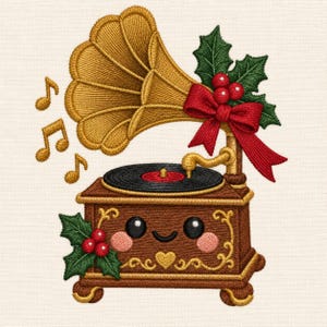 May include: An embroidered design of a brown vintage gramophone with a gold horn, featuring a smiling face, pink cheeks, and a heart. It is decorated with red holly berries, green leaves, a red bow, and three gold musical notes floating nearby.