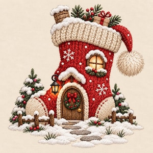 May include: A red knitted Christmas stocking shaped like a house with a wooden door, a wreath, a glowing lantern, and a window. The top features a white cuff, a gift, and pine branches. The base is surrounded by snow, small pine trees, and a fence.