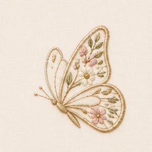 Op de afbeelding: Een geborduurde vlinderapplicatie op een crèmekleurige stoffen achtergrond. De vlinder heeft gouden draadcontouren, delicate witte en roze bloemaccenten en groene bladdetails in de vleugels, wat een gedetailleerd botanisch ontwerp vormt.