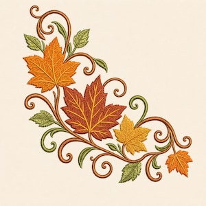May include: An embroidery design featuring a corner arrangement of autumn maple leaves in shades of orange, red, and yellow, accented with green leaves and brown swirling vine stems on a solid light cream background.