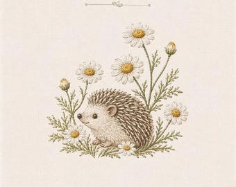 May include: An embroidery design featuring a small brown hedgehog surrounded by white daisies with yellow centers. The text at the top reads Available 5 Size, and the bottom lists file formats including EMB, EXP, DST, HUS, PES, VP3, INF, XXX, PDF, ART, and BMP.